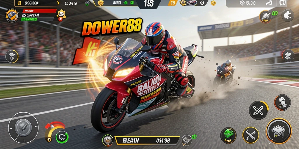 Screenshot menampilkan aksi balap motor yang mendebarkan di DOWER88.