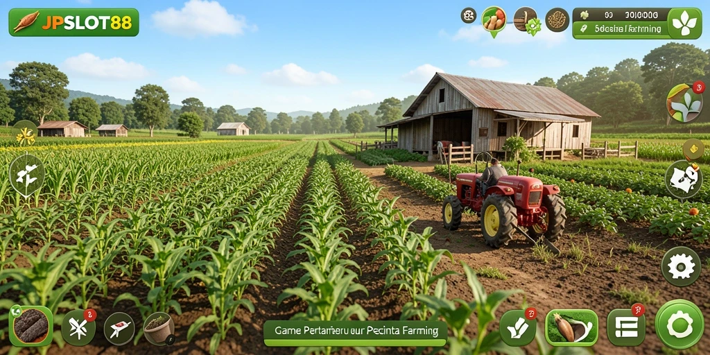 Screenshot JPSLOT88 menunjukkan pemain sedang bertani di ladang hijau.