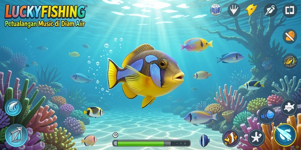 Tampilan gameplay LUCKYFISHING yang penuh warna dan dinamis.