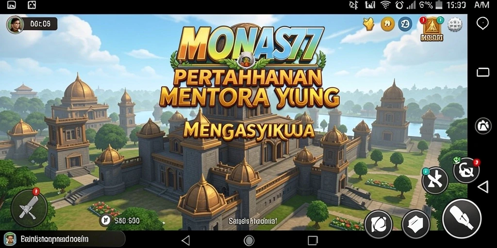 Tampilan gameplay menarik dari MONAS77 dengan menara dan musuh yang dinamis.