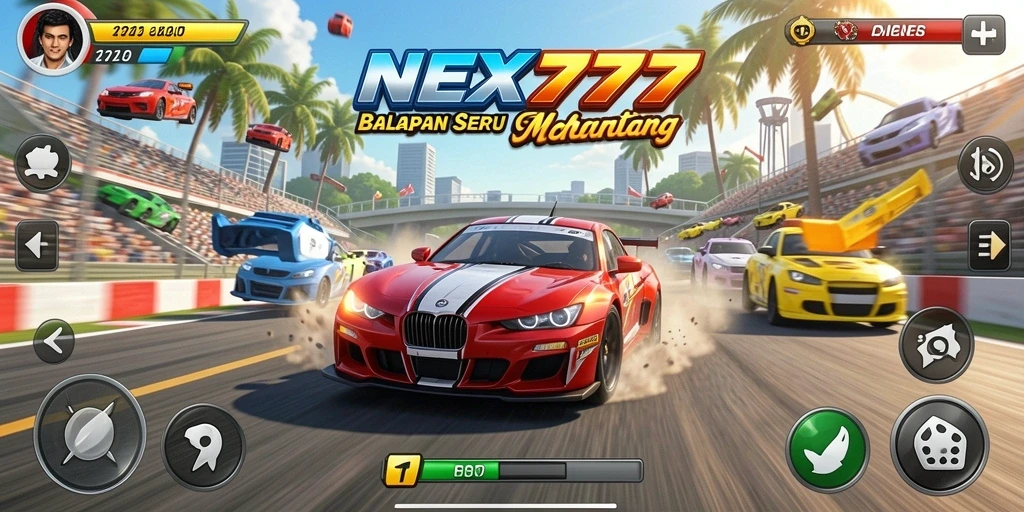 Screenshot gameplay NEX777 menampilkan aksi balapan yang mendebarkan.