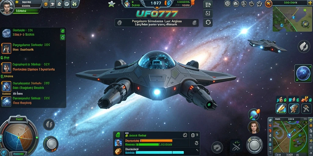 Screenshot dari gameplay UFO777 menampilkan pesawat luar angkasa yang menjelajahi galaksi.